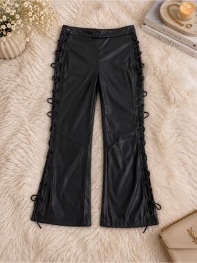 Black Faux Leather Lace-Up Flare Pants